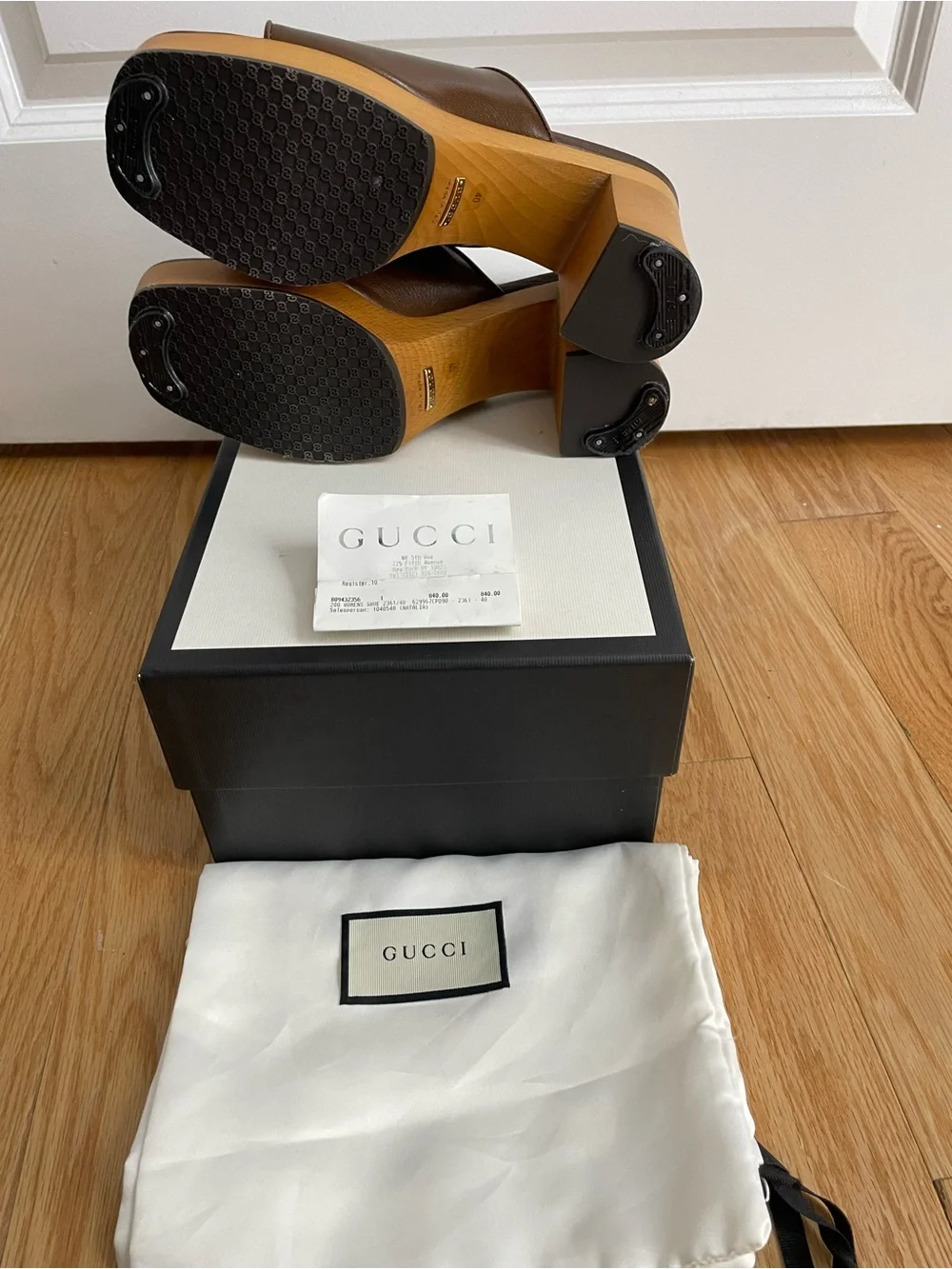Gucci Brown Leather Gold Horsebit Platform Mules
